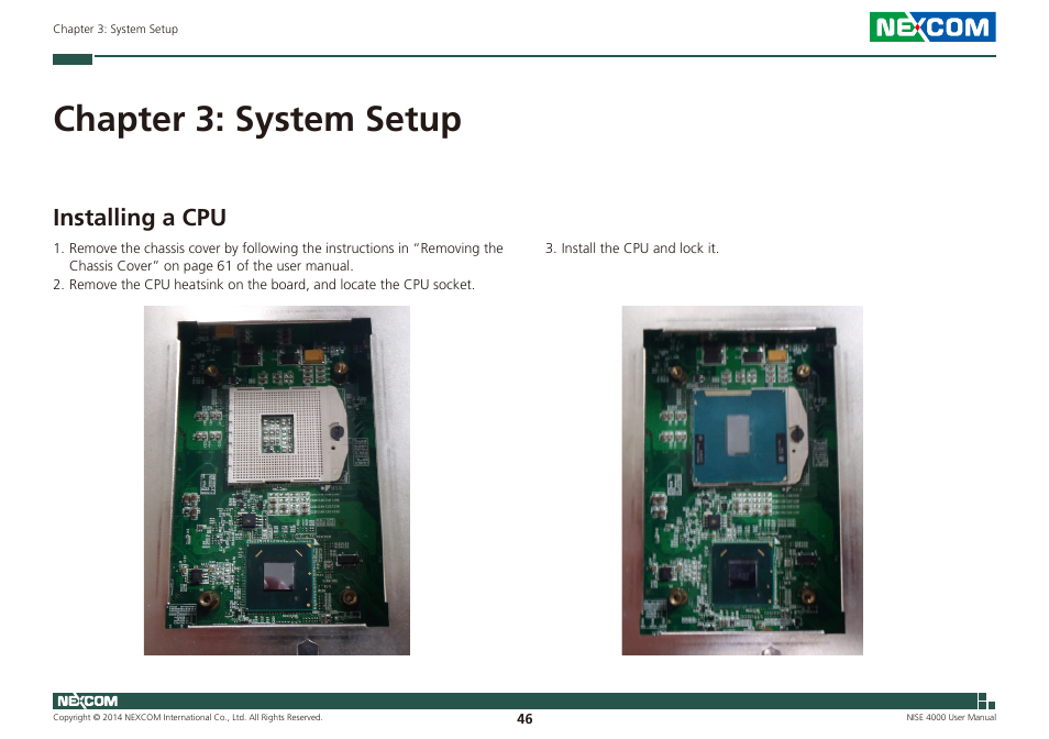 Chapter 3: system setup, Installing a cpu | NEXCOM NISE 4000 User Manual | Page 61 / 102