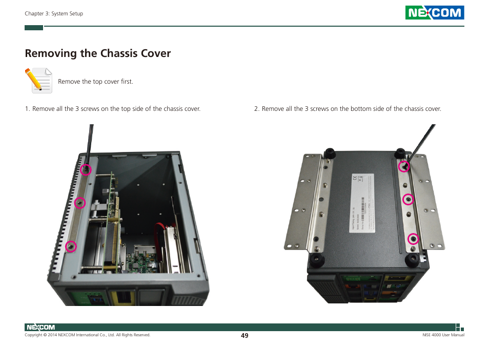 Removing the chassis cover | NEXCOM NISE 4000 User Manual | Page 64 / 102