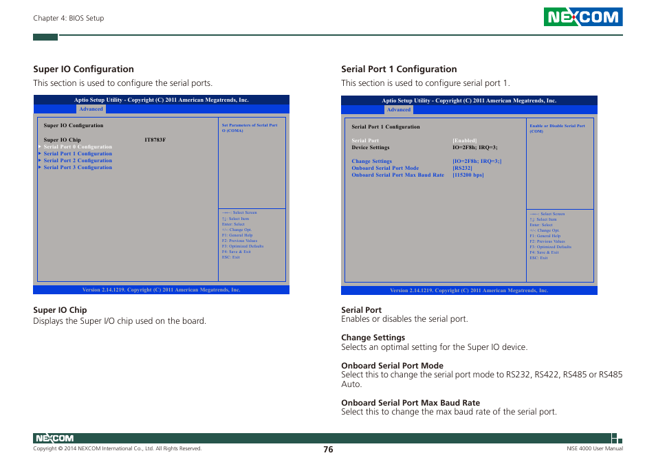 Super io configuration, Serial port 1 configuration | NEXCOM NISE 4000 User Manual | Page 91 / 102