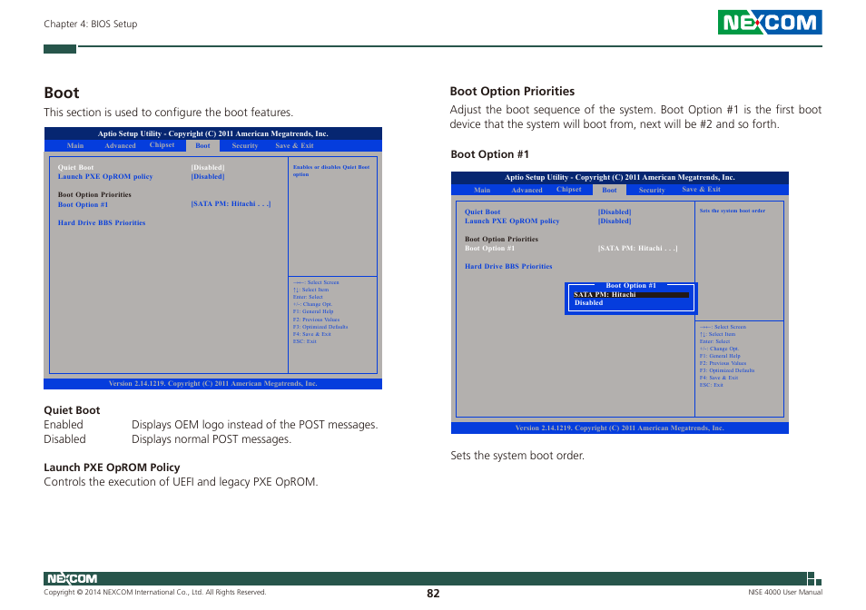 Boot, Boot option priorities | NEXCOM NISE 4000 User Manual | Page 97 / 102