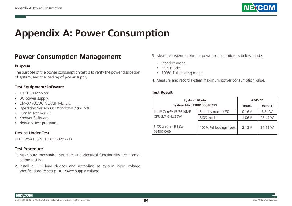 Appendix a: power consumption, Power consumption management | NEXCOM NISE 4000 User Manual | Page 99 / 102