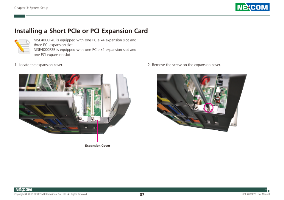 Installing a short pcie or pci expansion card | NEXCOM NISE 4000P2E User Manual | Page 102 / 131