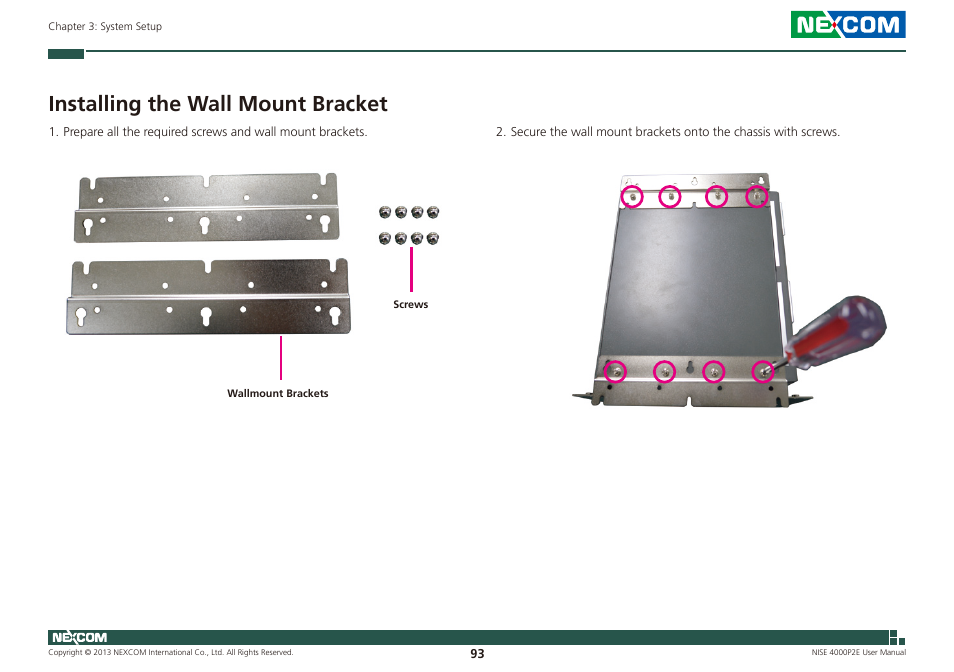 Installing the wall mount bracket | NEXCOM NISE 4000P2E User Manual | Page 108 / 131