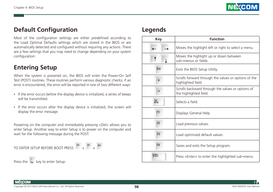 Default configuration entering setup legends, Default configuration, Entering setup | Legends | NEXCOM NISE 4000P2E User Manual | Page 113 / 131