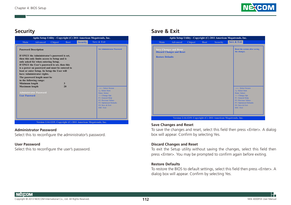 Security save & exit, Security, Save & exit | NEXCOM NISE 4000P2E User Manual | Page 127 / 131