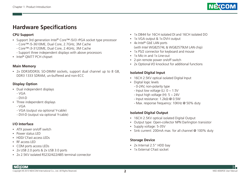 Hardware specifications | NEXCOM NISE 4000P2E User Manual | Page 17 / 131