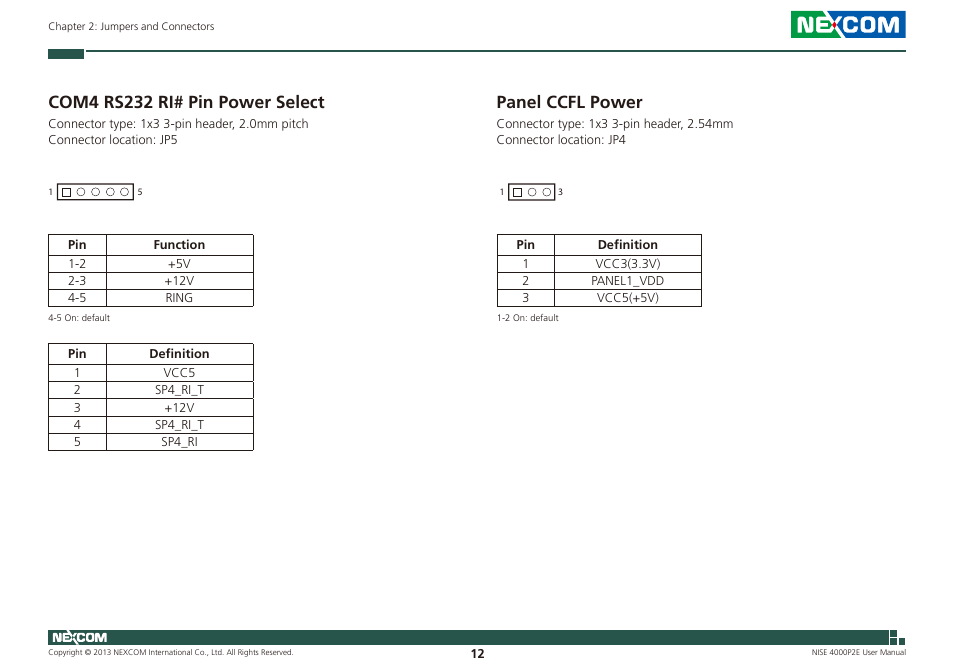 Com4 rs232 ri# pin power select panel ccfl power, Panel ccfl power, Com4 rs232 ri# pin power select | NEXCOM NISE 4000P2E User Manual | Page 27 / 131