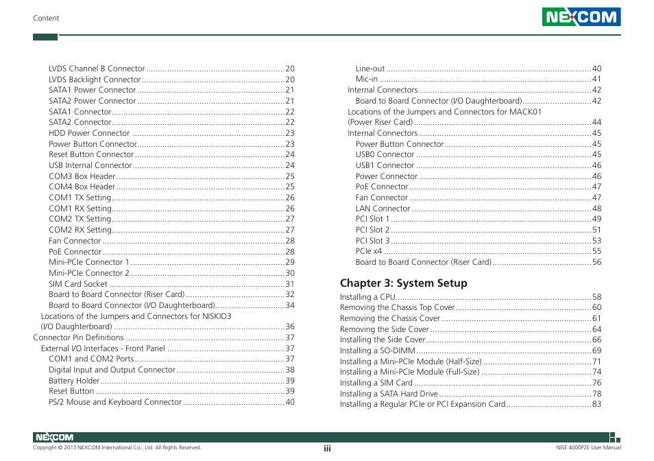 Chapter 3: system setup | NEXCOM NISE 4000P2E User Manual | Page 3 / 131
