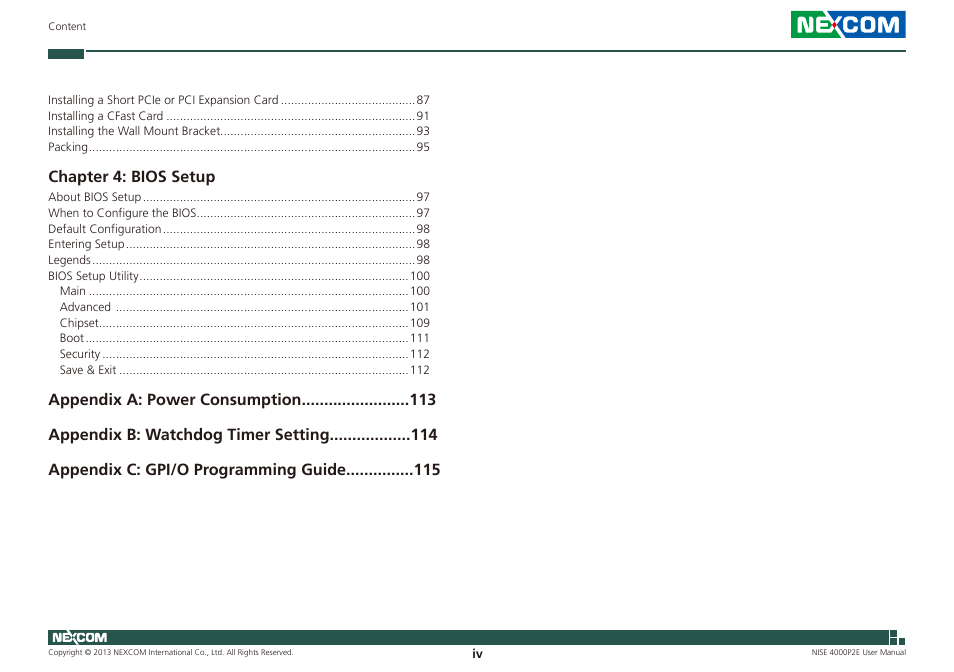 Chapter 4: bios setup | NEXCOM NISE 4000P2E User Manual | Page 4 / 131