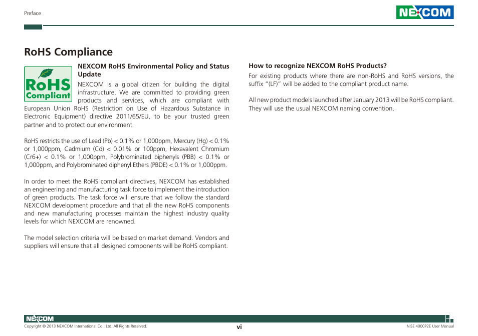 Rohs compliance | NEXCOM NISE 4000P2E User Manual | Page 6 / 131