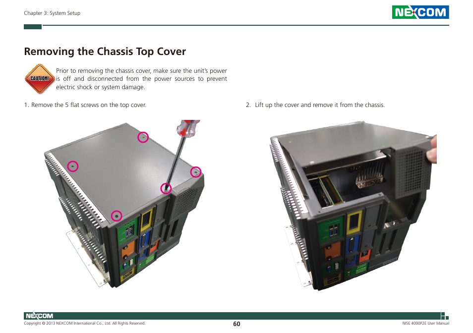 Removing the chassis top cover | NEXCOM NISE 4000P2E User Manual | Page 75 / 131