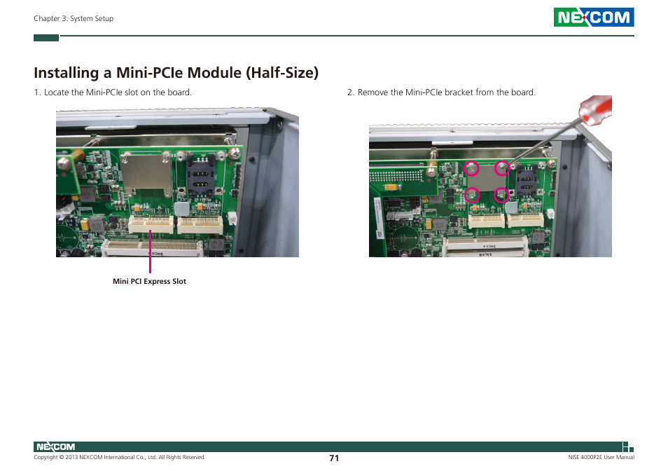 Installing a mini-pcie module (half-size) | NEXCOM NISE 4000P2E User Manual | Page 86 / 131