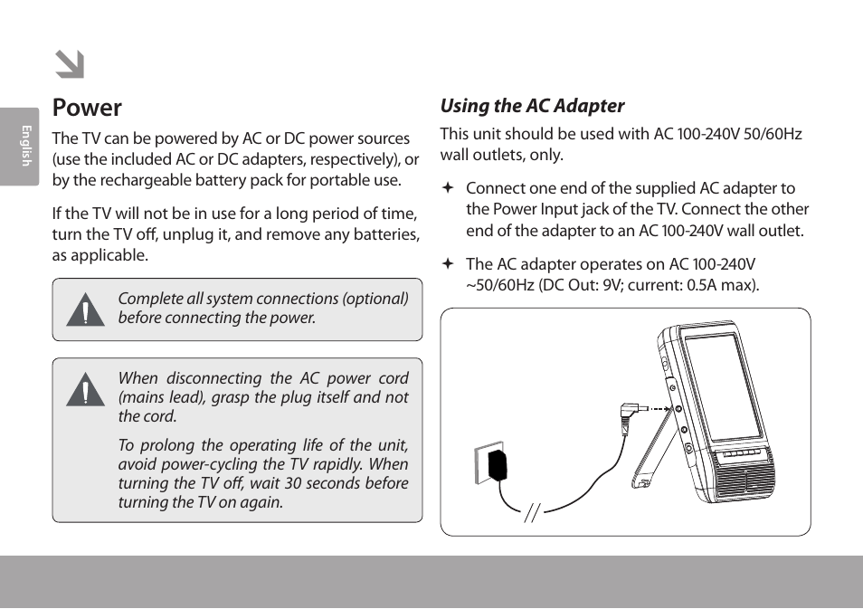 Connections at a glance, Power, Using the ac adapter | COBY electronic TFTV791 User Manual | Page 10 / 100