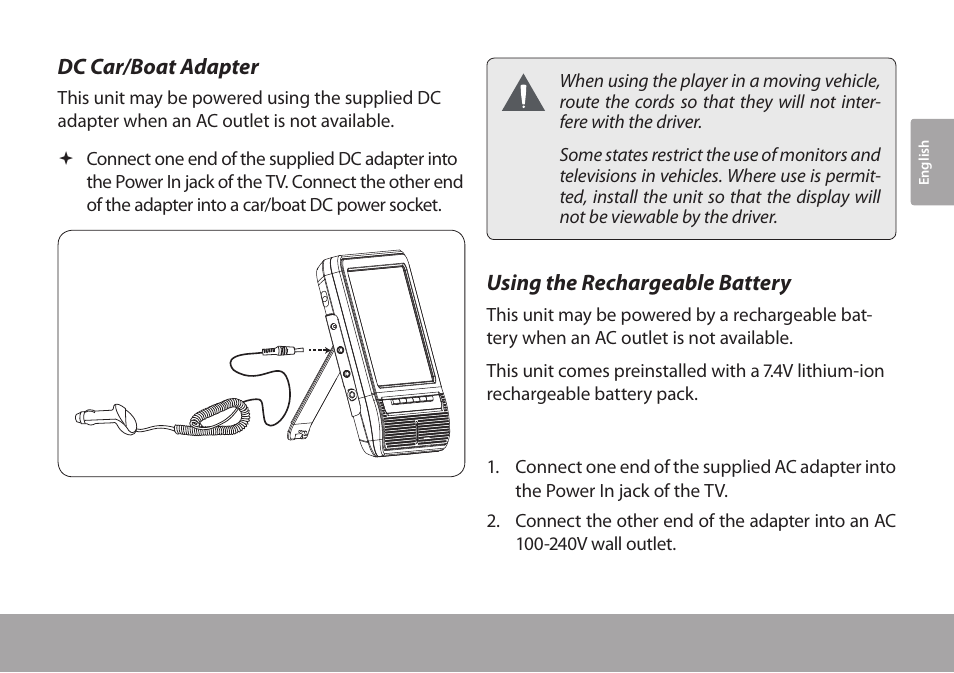 Dc car/boat adapter, Using the rechargeable battery | COBY electronic TFTV791 User Manual | Page 11 / 100