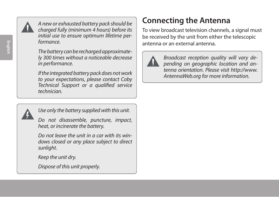 Connecting the antenna | COBY electronic TFTV791 User Manual | Page 12 / 100