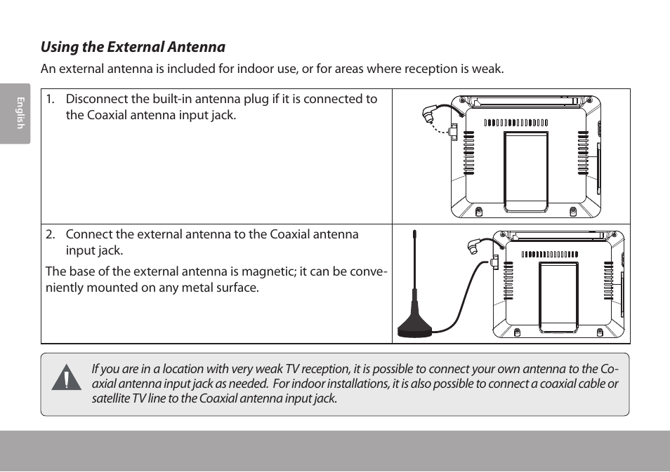 Using the external antenna | COBY electronic TFTV791 User Manual | Page 14 / 100