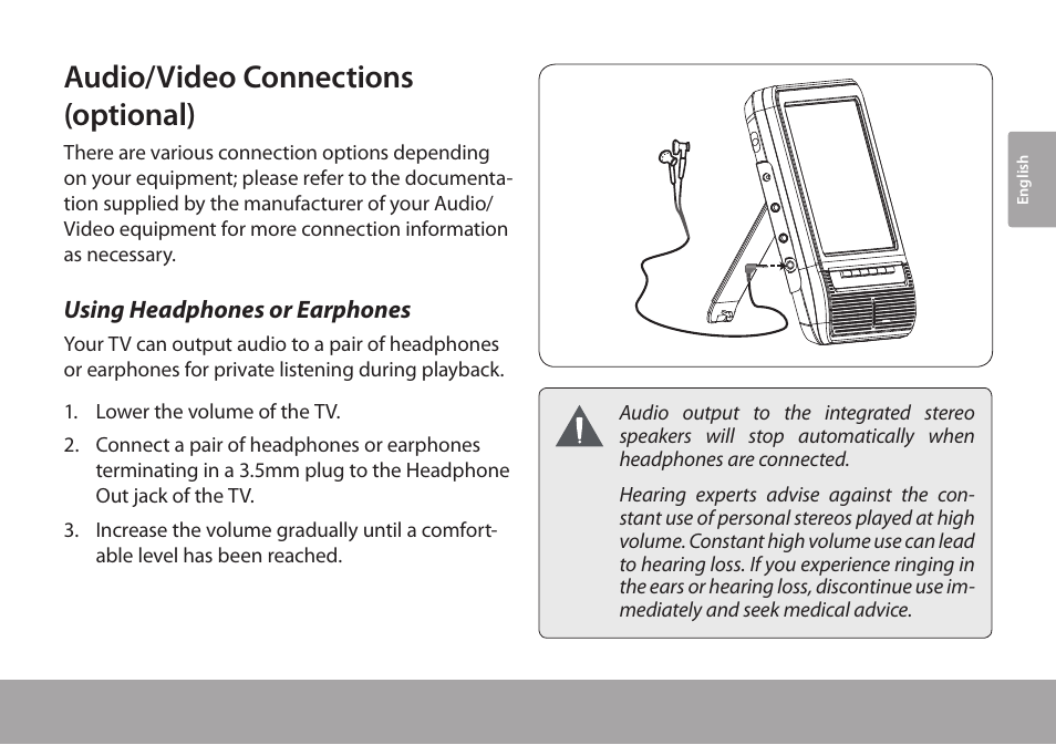 Audio/video connections (optional), Using headphones or earphones | COBY electronic TFTV791 User Manual | Page 15 / 100