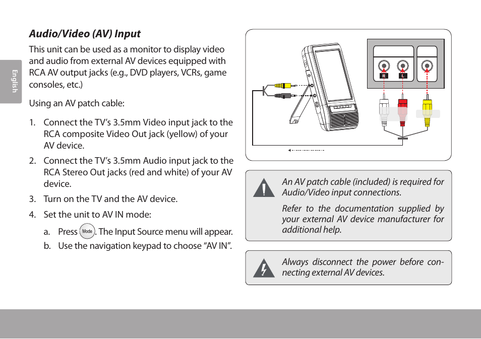 Audio/video (av) input | COBY electronic TFTV791 User Manual | Page 16 / 100
