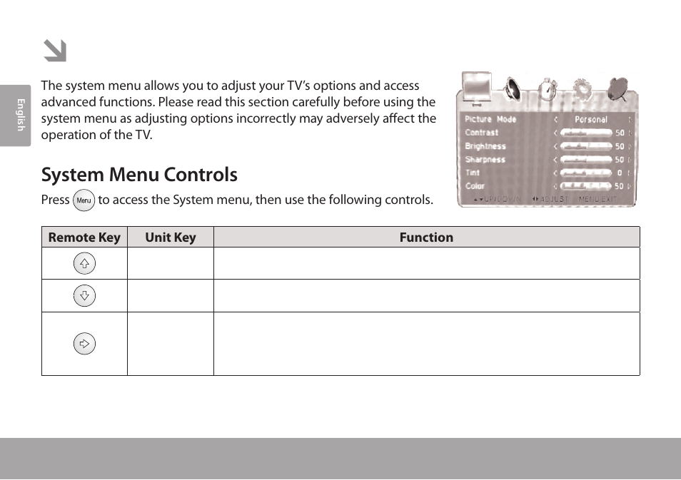 System menu, System menu controls | COBY electronic TFTV791 User Manual | Page 20 / 100