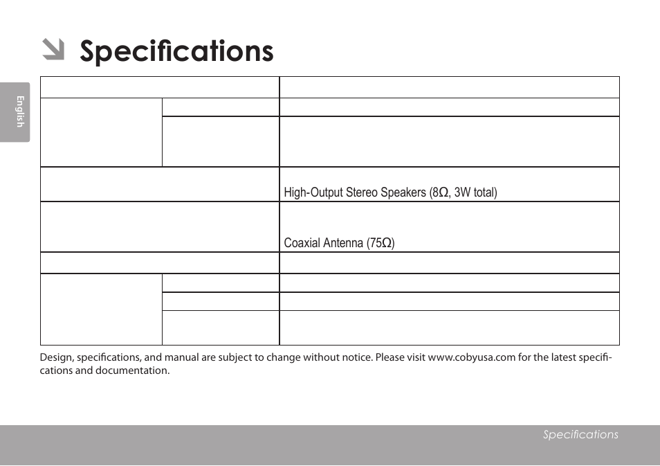 Specifications | COBY electronic TFTV791 User Manual | Page 34 / 100