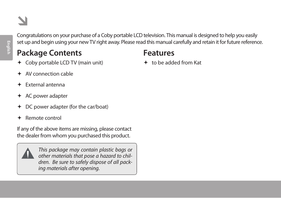 Thank you, Package contents, Features | COBY electronic TFTV791 User Manual | Page 4 / 100