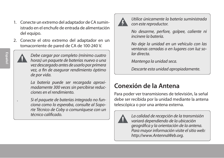 Conexión de la antena | COBY electronic TFTV791 User Manual | Page 46 / 100