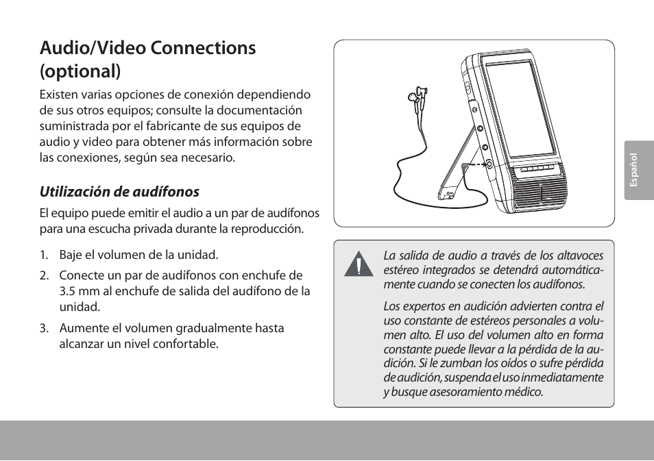 Audio/video connections (optional), Utilización de audífonos | COBY electronic TFTV791 User Manual | Page 49 / 100