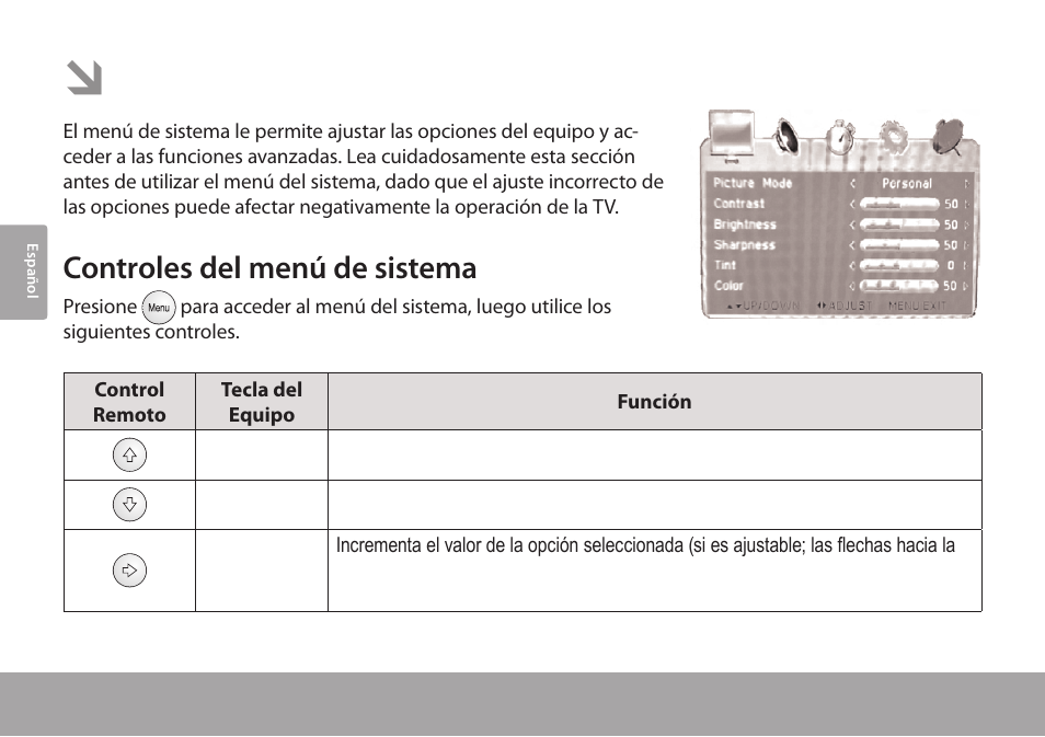 Menú del sistema, Controles del menú de sistema | COBY electronic TFTV791 User Manual | Page 54 / 100