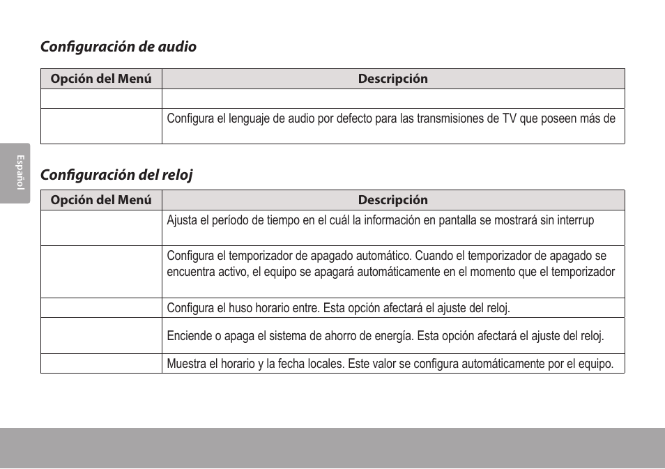 Configuración de audio, Configuración del reloj | COBY electronic TFTV791 User Manual | Page 56 / 100