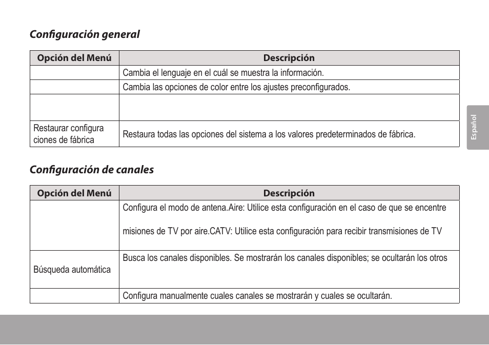 Configuración general, Configuración de canales | COBY electronic TFTV791 User Manual | Page 57 / 100