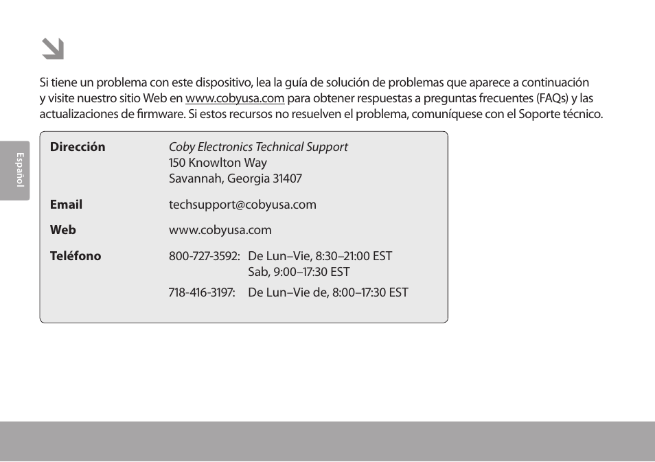 Resolución de problemas y soporte | COBY electronic TFTV791 User Manual | Page 64 / 100