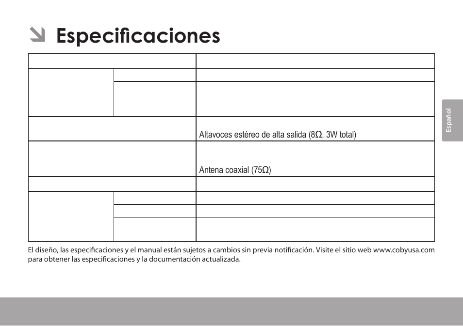 Especificaciones | COBY electronic TFTV791 User Manual | Page 67 / 100