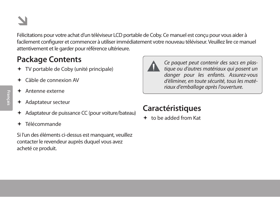 Merci, Package contents, Caractéristiques | COBY electronic TFTV791 User Manual | Page 70 / 100