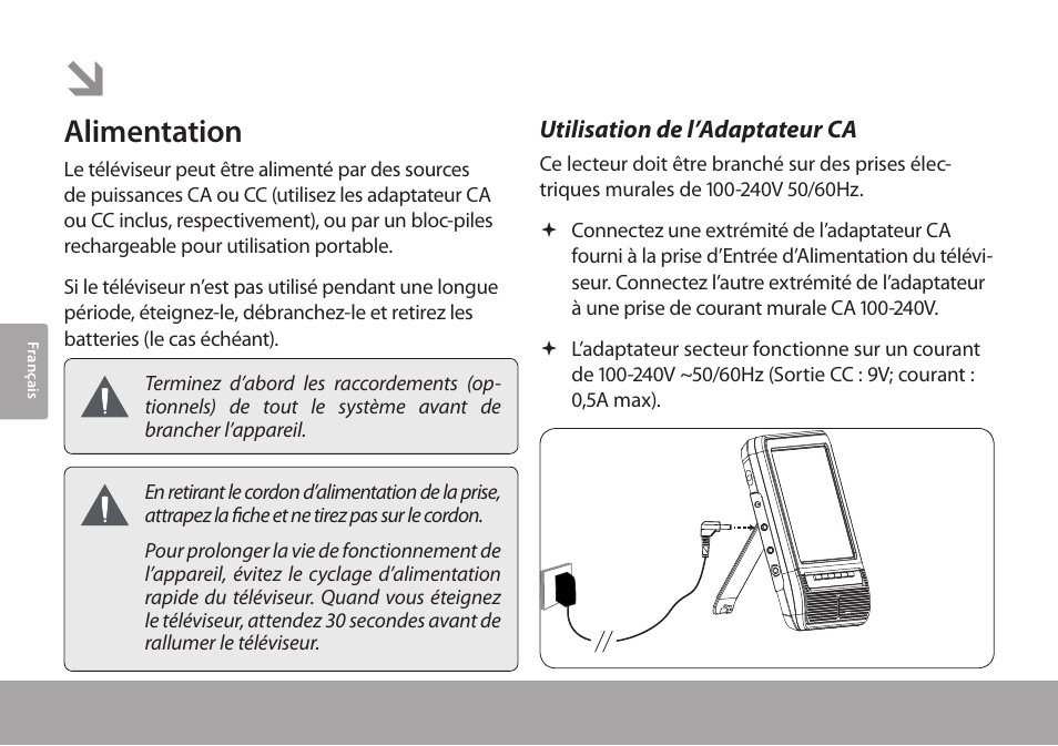 Connexions en un coup d’oeil, Alimentation, Utilisation de l’adaptateur ca | COBY electronic TFTV791 User Manual | Page 76 / 100