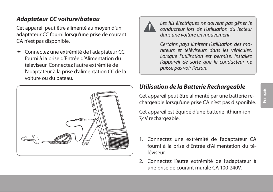 Adaptateur cc voiture/bateau, Utilisation de la batterie rechargeable | COBY electronic TFTV791 User Manual | Page 77 / 100