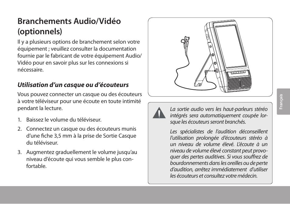 Branchements audio/vidéo (optionnels), Utilisation d’un casque ou d’écouteurs | COBY electronic TFTV791 User Manual | Page 81 / 100