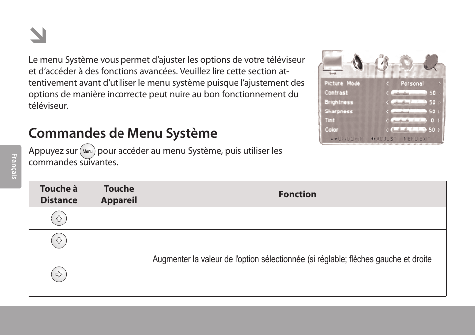 Menu système, Commandes de menu système | COBY electronic TFTV791 User Manual | Page 86 / 100