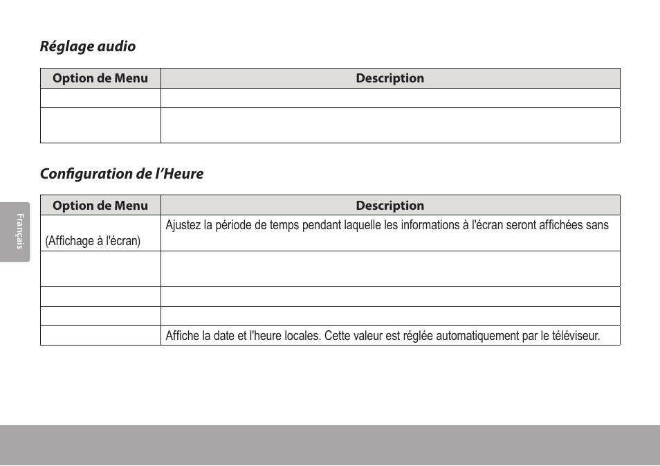 Réglage audio, Configuration de l’heure | COBY electronic TFTV791 User Manual | Page 88 / 100