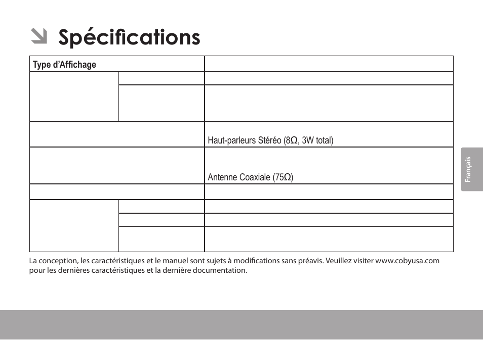 Spécifications | COBY electronic TFTV791 User Manual | Page 99 / 100