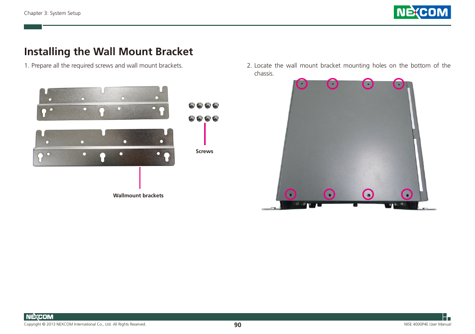 Installing the wall mount bracket | NEXCOM NISE 4000P4E User Manual | Page 105 / 128
