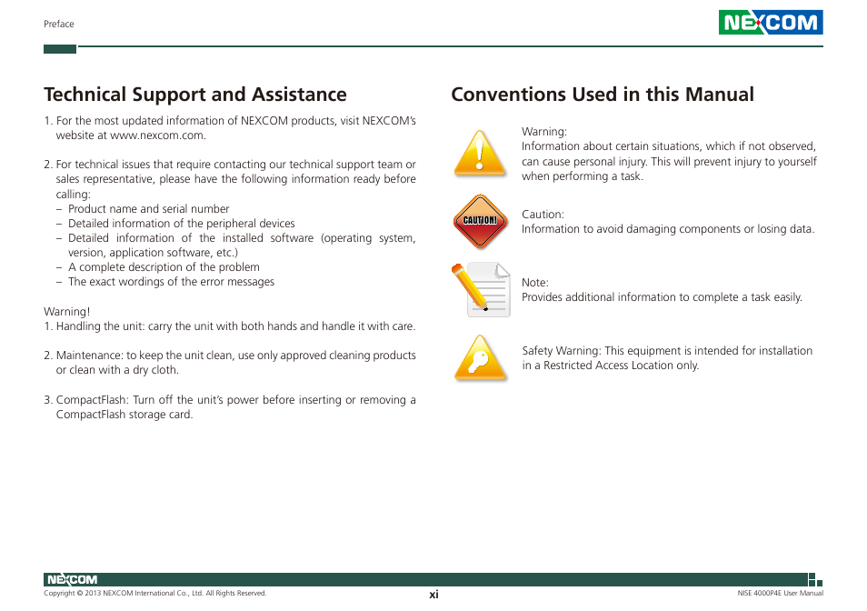 Technical support and assistance, Conventions used in this manual | NEXCOM NISE 4000P4E User Manual | Page 11 / 128
