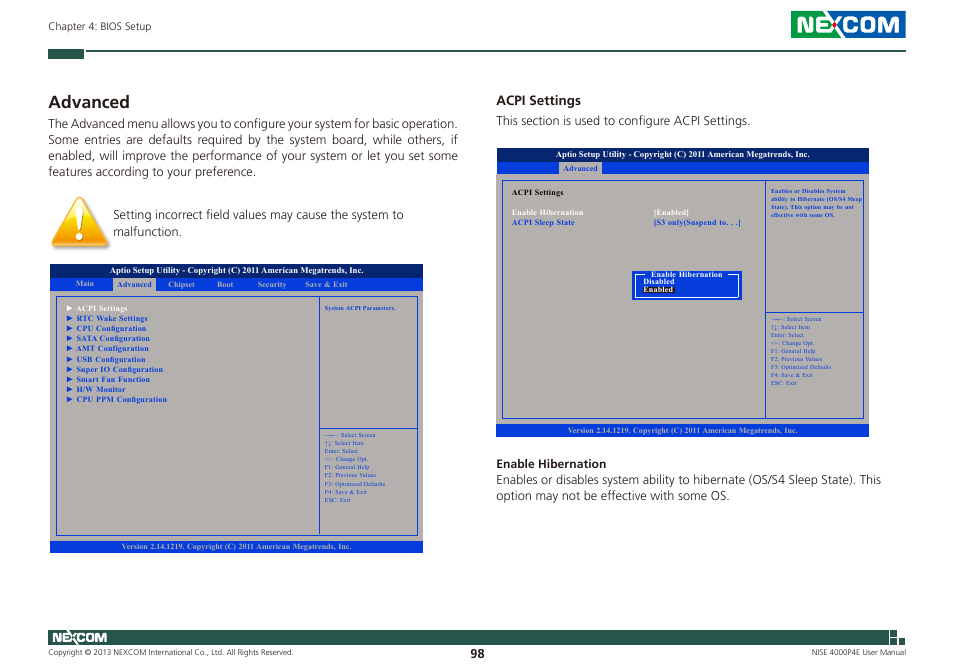 Advanced, Acpi settings | NEXCOM NISE 4000P4E User Manual | Page 113 / 128