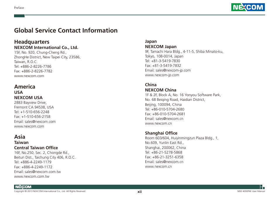 Global service contact information, Headquarters, America | Asia | NEXCOM NISE 4000P4E User Manual | Page 12 / 128