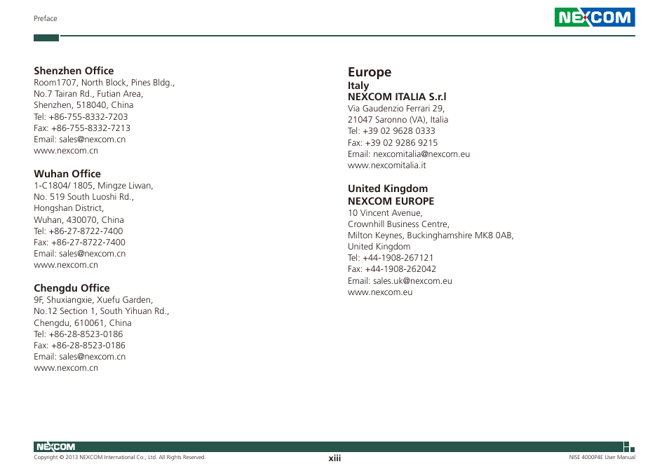 Europe | NEXCOM NISE 4000P4E User Manual | Page 13 / 128