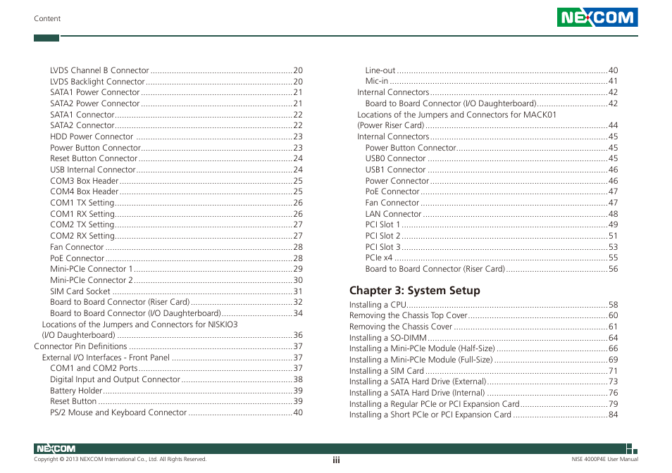 Chapter 3: system setup | NEXCOM NISE 4000P4E User Manual | Page 3 / 128