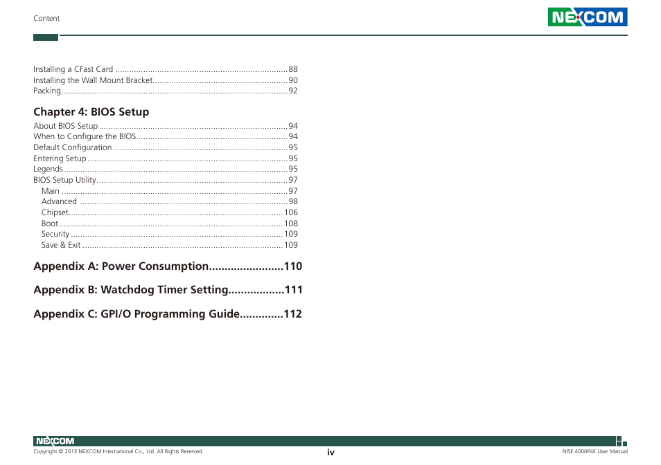 Chapter 4: bios setup | NEXCOM NISE 4000P4E User Manual | Page 4 / 128