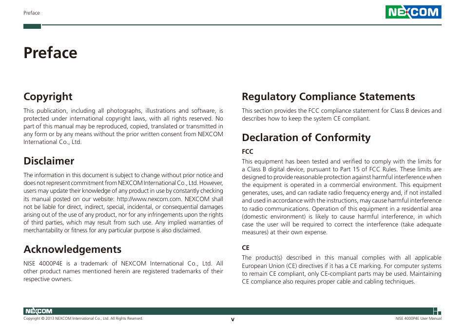 Preface, Copyright, Disclaimer | Acknowledgements, Regulatory compliance statements, Declaration of conformity | NEXCOM NISE 4000P4E User Manual | Page 5 / 128