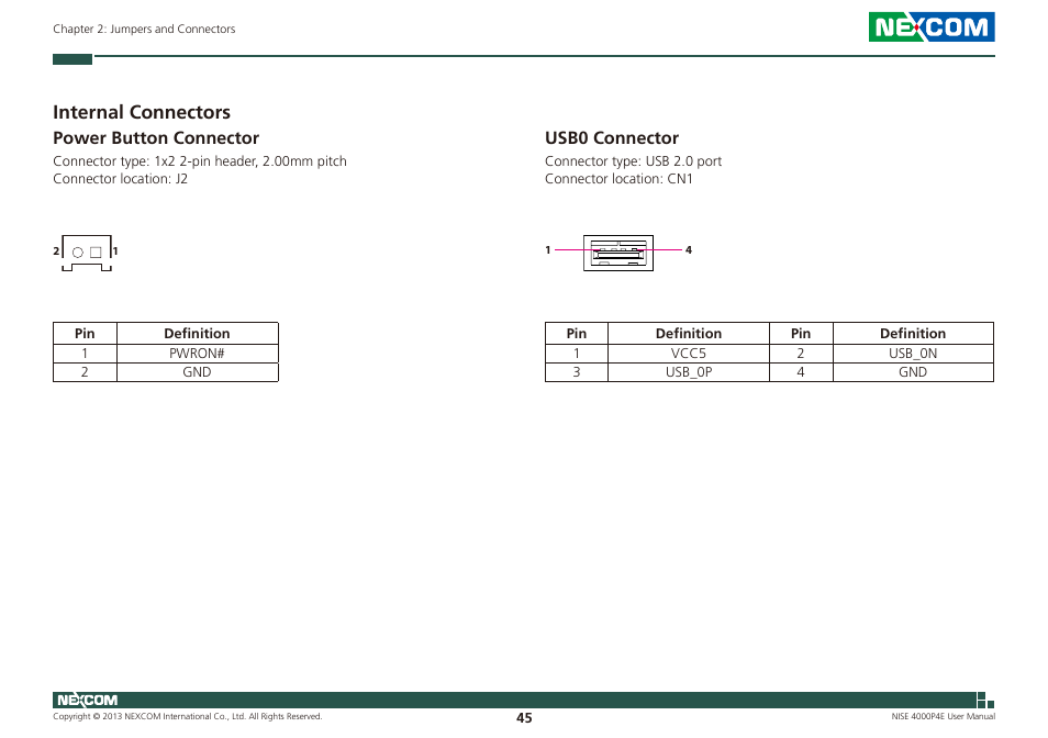 Internal connectors, Power button connector usb0 connector, Power button connector | Usb0 connector | NEXCOM NISE 4000P4E User Manual | Page 60 / 128