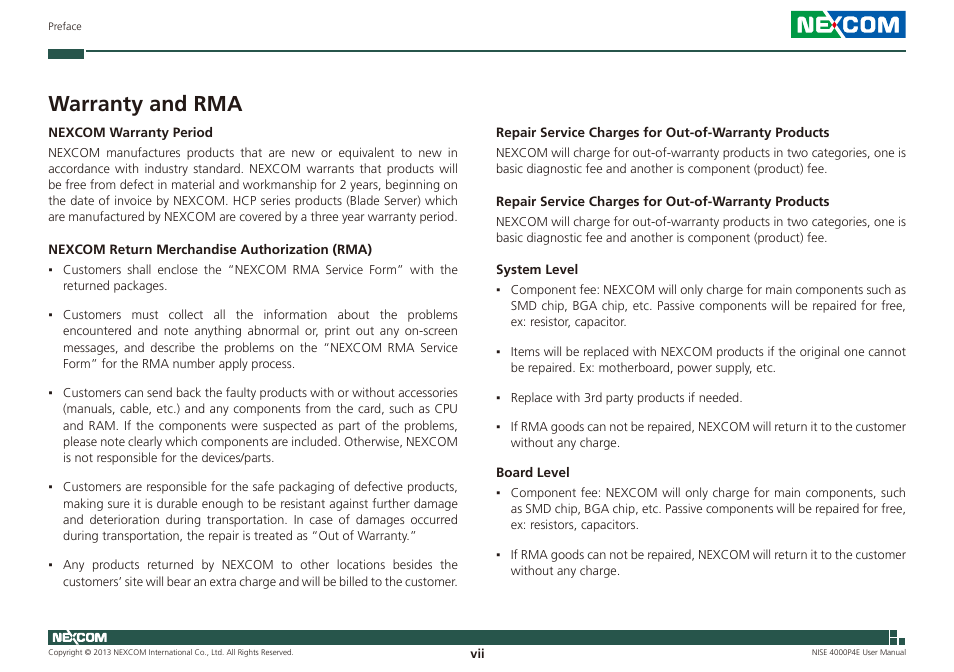 Warranty and rma | NEXCOM NISE 4000P4E User Manual | Page 7 / 128