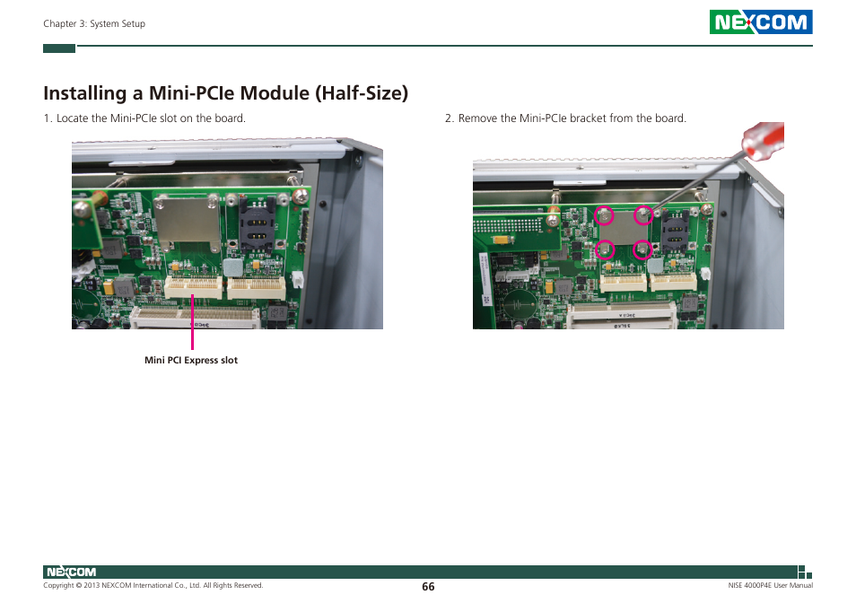 Installing a mini-pcie module (half-size) | NEXCOM NISE 4000P4E User Manual | Page 81 / 128